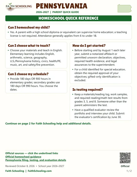 The first page of the Pennsylvania homeschool quick reference, 2026–2027