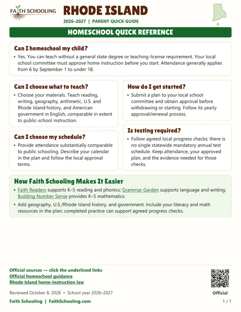 The first page of the Rhode Island homeschool quick reference, 2026–2027