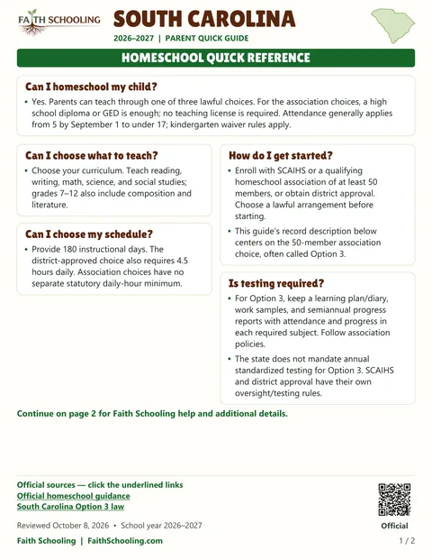 The first page of the South Carolina homeschool quick reference, 2026–2027