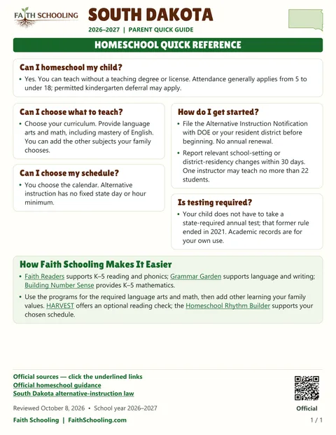 The first page of the South Dakota homeschool quick reference, 2026–2027