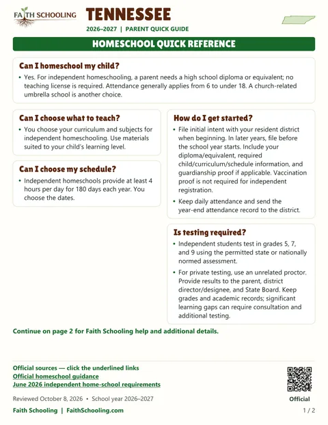 The first page of the Tennessee homeschool quick reference, 2026–2027