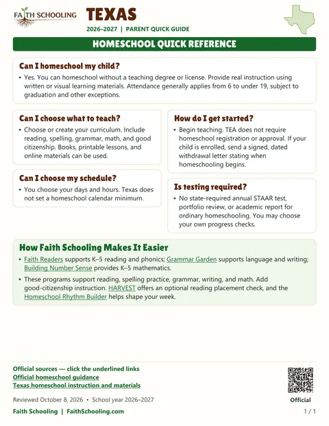The first page of the Texas homeschool quick reference, 2026–2027