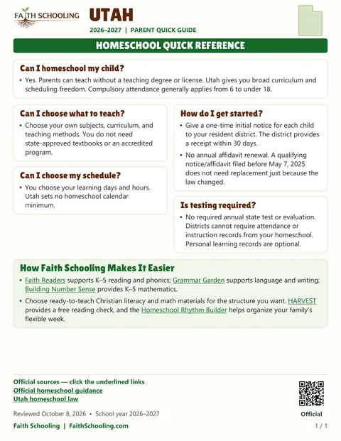 The first page of the Utah homeschool quick reference, 2026–2027