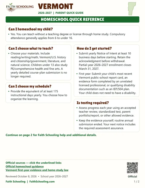 The first page of the Vermont homeschool quick reference, 2026–2027