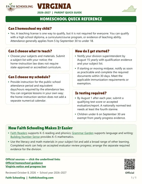 The first page of the Virginia homeschool quick reference, 2026–2027