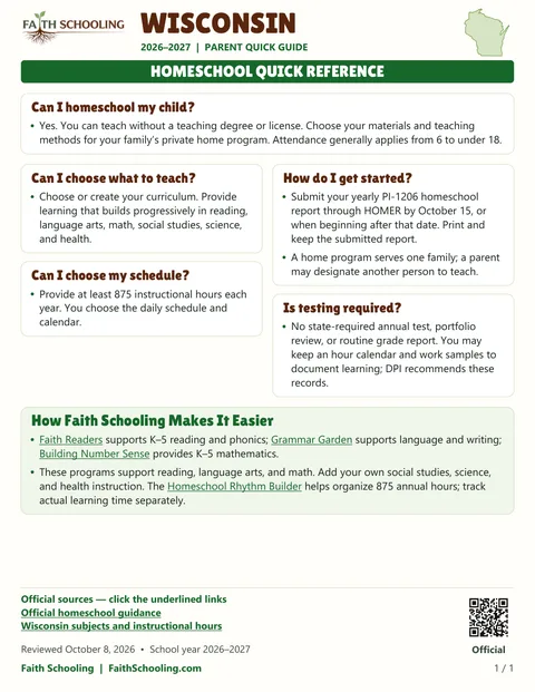The first page of the Wisconsin homeschool quick reference, 2026–2027