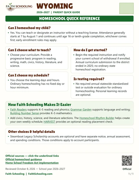 The first page of the Wyoming homeschool quick reference, 2026–2027
