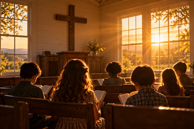 Children reading Bibles together in a country church
