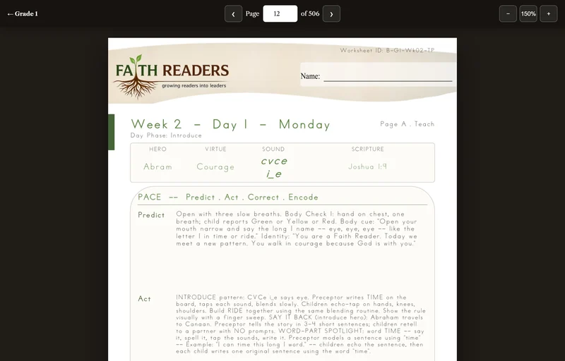 Page 12 of the Teaching Guide: Week 2, Day 1, Monday, Page A, Teach, with the hero, virtue, sound and Scripture and the start of the lesson script