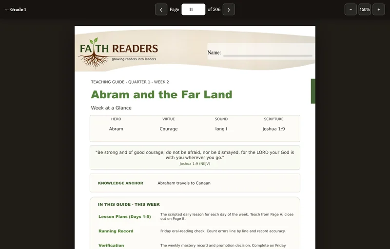 The online Teaching Guide open at page 11 of 506: Teaching Guide, Quarter 1, Week 2, Abram and the Far Land, Week at a Glance, with the hero, virtue, sound and Scripture
