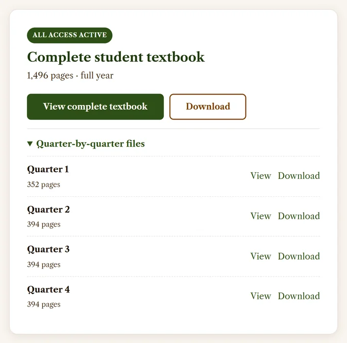 A member's Grade 1 page: All Access active, the complete student textbook with View and Download, and the quarter-by-quarter files, Quarter 1 to Quarter 4, each with its page count