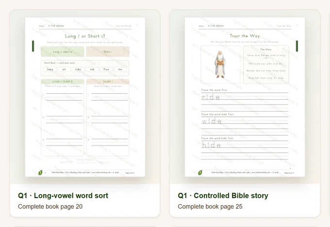Two Week 2 student pages from the open samples: a long I and short i word sort, and a page of the week's Bible story