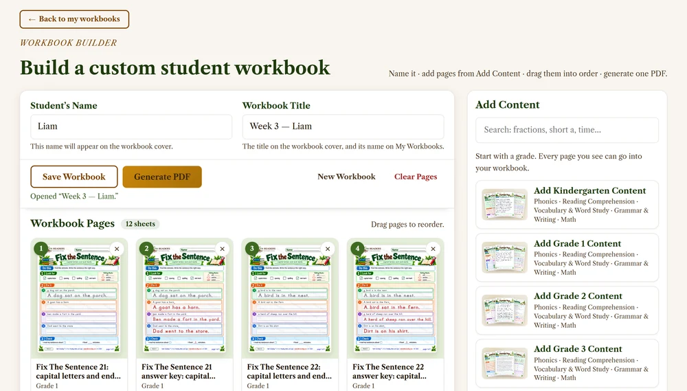 The Workbook Builder with a saved workbook open: a student name, a workbook title, twelve chosen pages and the panel for adding more